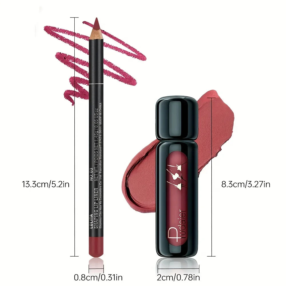 Lip Liner & Lip Mud Set, Matte Waterproof Long Lasting Non-Stick Velvet Lip Makeup, Smooth Lip Kit Gift for Women