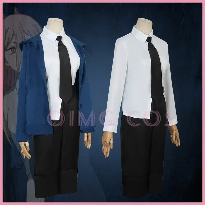 Power Cosplay Costume Chainsaw Man Outfits Blue Suit Shirt Tie Short Neck Ring Wig Women Anime Uniform Halloween