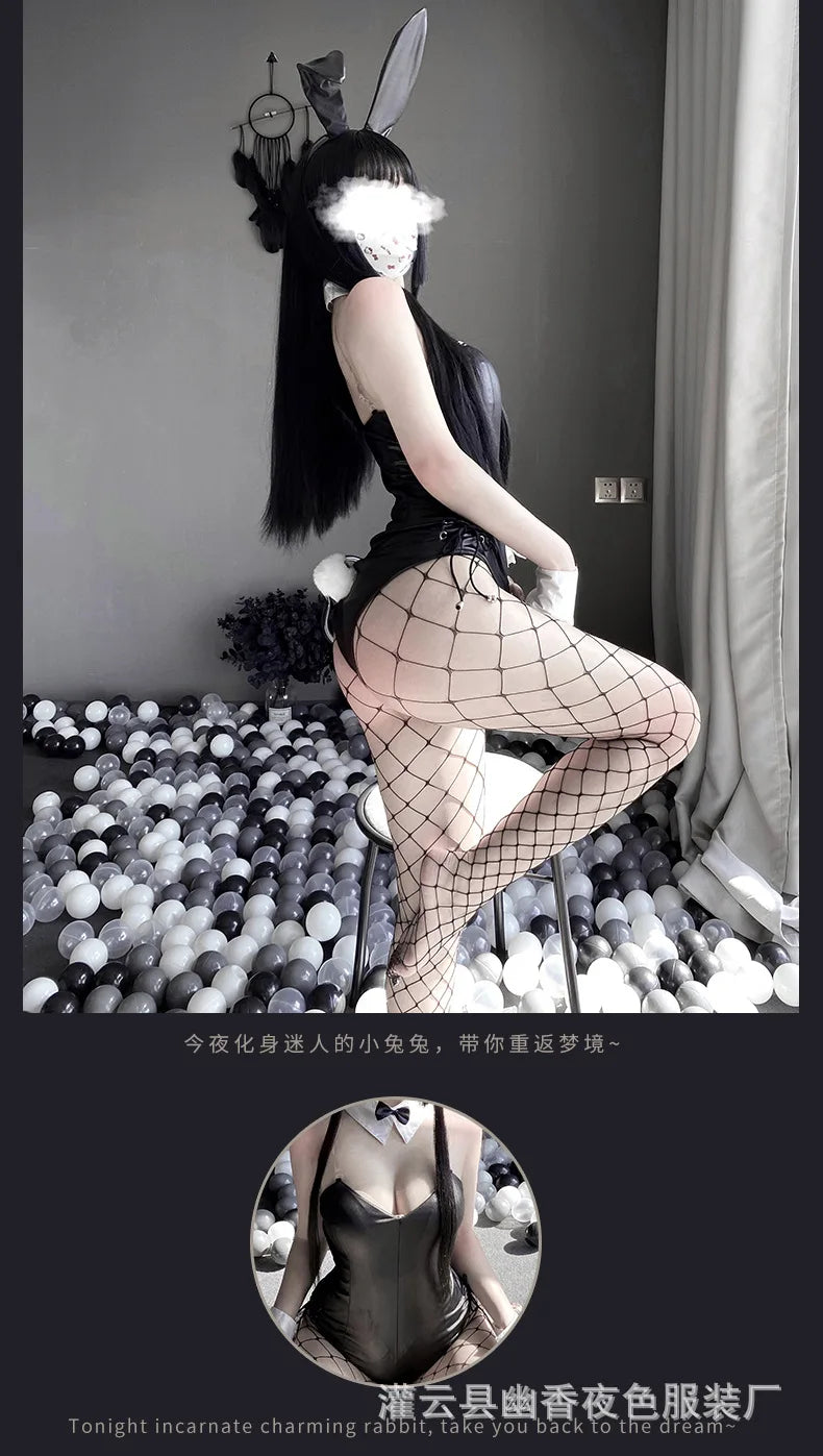 Sexy Bunny Cosplay Costume Women Men Sexy Bodysuit Lingerie Kawaii Bunny Girl PU Faux Leather Rabbit Suit Anime Outfit Halloween