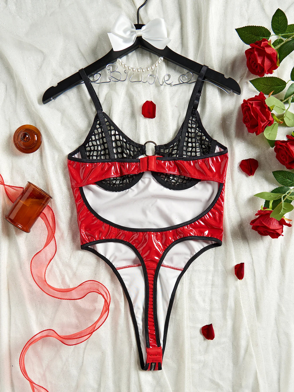 2024 Sexy Erotic Lingerie Set Corset Woman  Leather Bodysuit Zipper Open Crotch Rompers Mesh Sheer Hollow Out Female Underwear