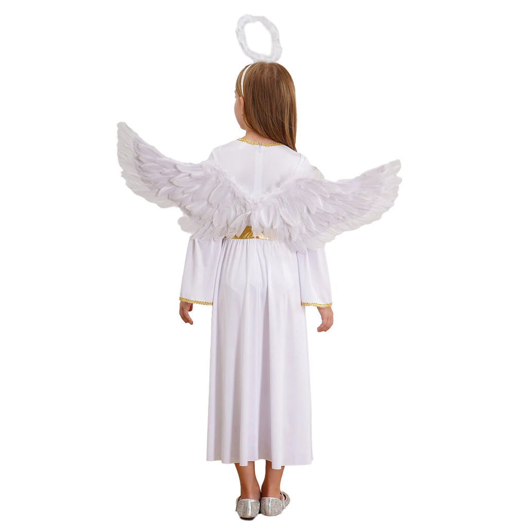 Girls White Angel Costume Halloween Party Long Bell Sleeve Maxi Dress Gown with Wings Set for Performance Church Dress Up
