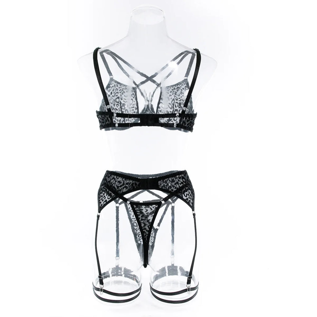 Erotic Leopard Lingerie Set - Sexy Push-Up Bra & Sheer Thong with Adjustable Garter Belt Velvet 4-Piece Bondage Kit Outfits