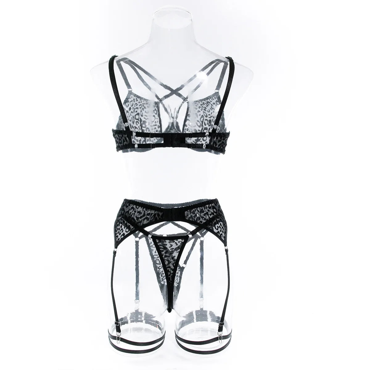Erotic Leopard Lingerie Set - Sexy Push-Up Bra & Sheer Thong with Adjustable Garter Belt Velvet 4-Piece Bondage Kit Outfits