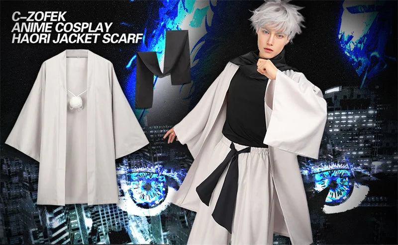 DAZCOS Satoru Cosplay Haori Kimono Jacket Men with Scarf Satoru Costume Adult Outfits Japan Kimono Comic-Con Carnival Clothing