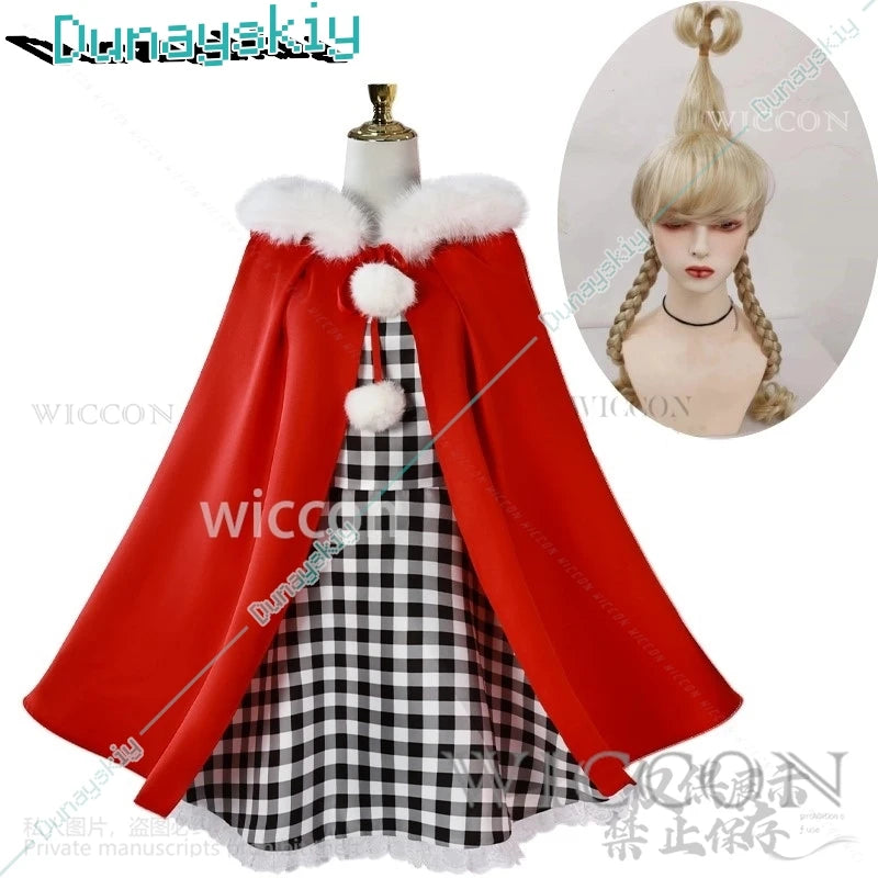 Anime Cindy Lou Cosplay Costume Cindy Plaid Dress Red Cloak Outfit Blond Wig Women Kids Halloween Suit Christmas Gift Customized