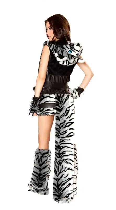 Women Sexy Striped Plush Leopard Animal Costume Shawl Tiger Game Cosplay Clothing Halloween Party Dress