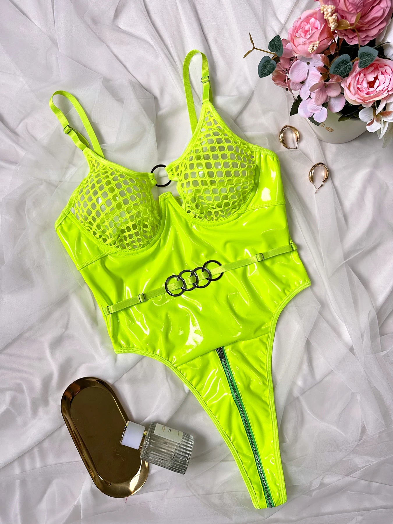 2024 Sexy Erotic Lingerie Set Corset Woman  Leather Bodysuit Zipper Open Crotch Rompers Mesh Sheer Hollow Out Female Underwear