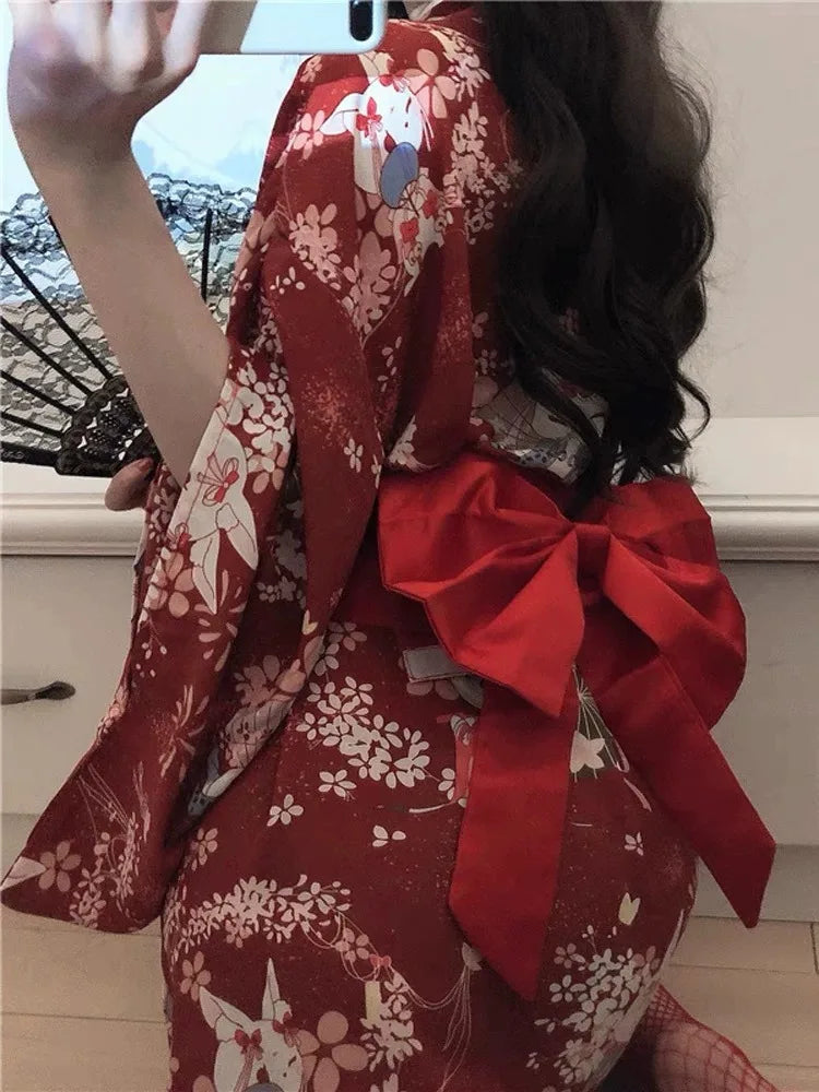 Sex Japanese Kimono Sexy Sleepwear Cosplay Outfit for Women Traditional Style Robe Yukata Sakura Costumes Pajamas Soft Silk Belt