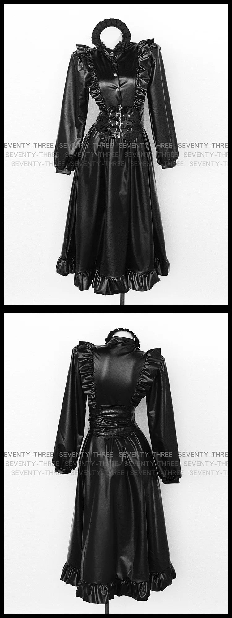Anime Black Uniform Costume Maid Costume Adult Girl Role Playing Dark Pu Long Skirt Leather Stand Collar Dress Maid Suit