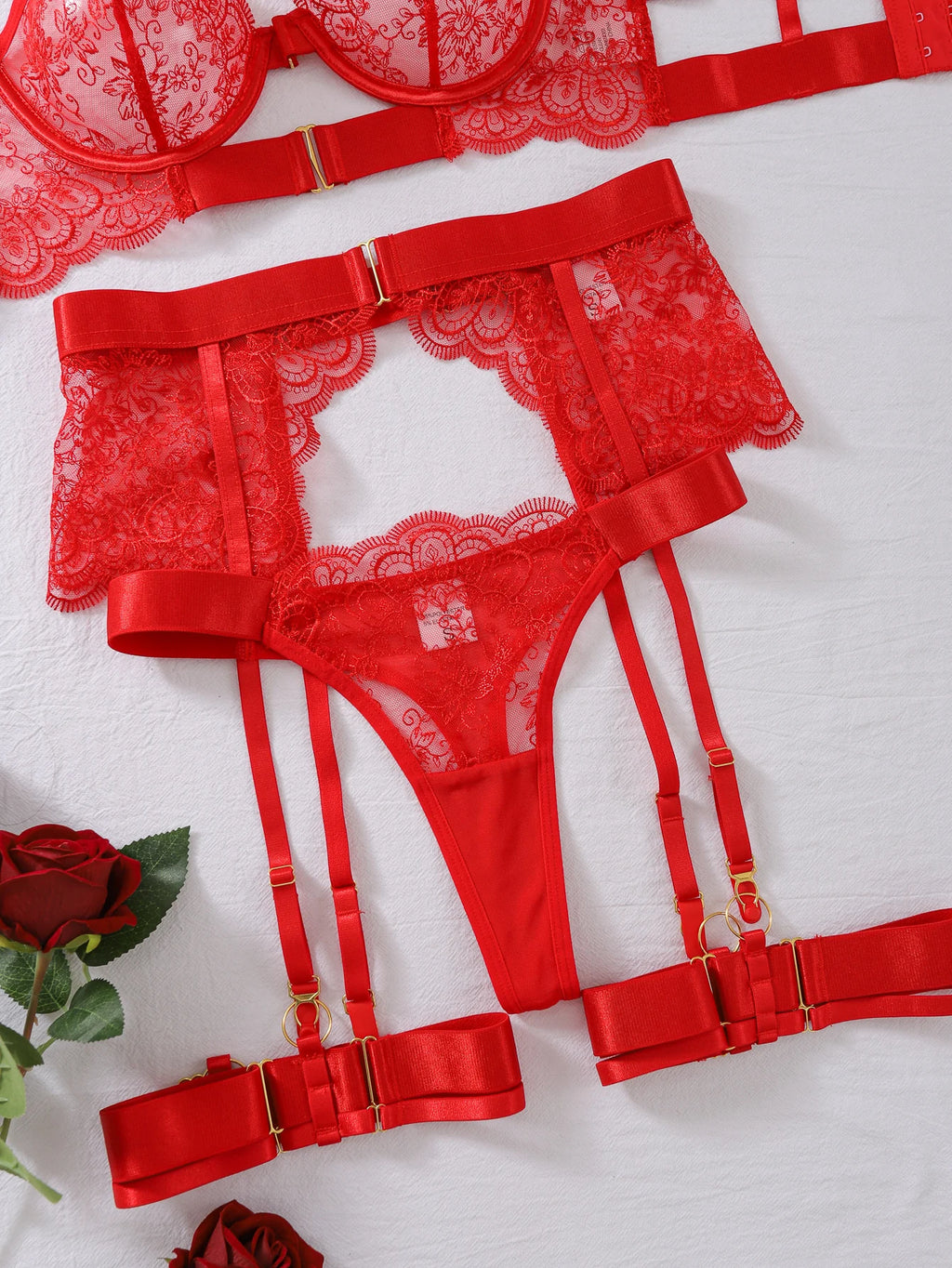 2024 New Erotic Set See-Through Embroidered Sexy Eyelash Lace Body Shaping Lingerie Four-Piece Set Women Onlyfan