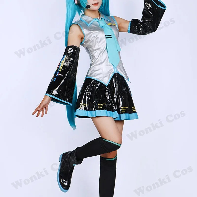 V Miku Cosplay Costume Green Ponytail Wig Virtual Singer Cosplay Shoes Boots Official Uniform for Girl Party Comic Con Outfits