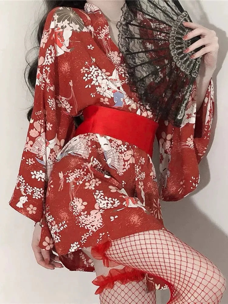 Sex Japanese Kimono Sexy Sleepwear Cosplay Outfit for Women Traditional Style Robe Yukata Sakura Costumes Pajamas Soft Silk Belt