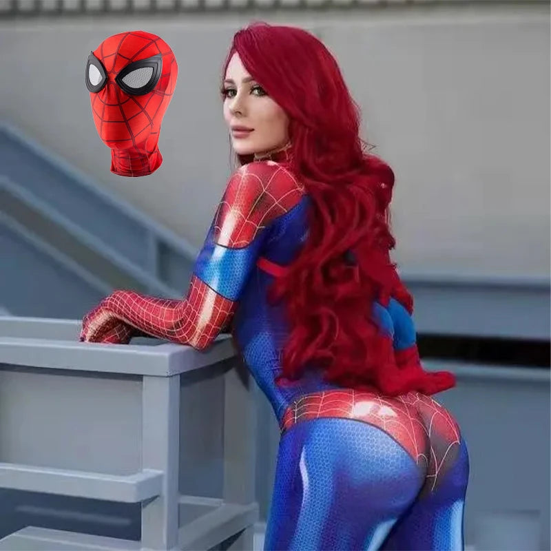 Good Quality Superhero Female Spider Man Cosplay Tight Jumpsuit Black Spider Sexy Cosplay Costume Halloween Party Costume Mask