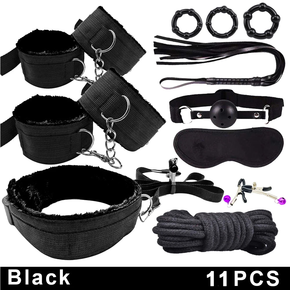 Sex Toys BDSM Bondage Set Erotic Bed Games Handcuffs Ankle Nipple Clamps Whip Spanking Slave Collars Adults Sex Game For Couples