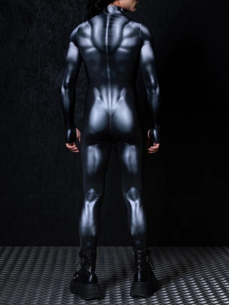 New Halloween Couple Cyberpunk Muscle Black Fashion Sexy Tight Bodysuit Holiday Party Adult Nightclub Stage Role Playing Costume