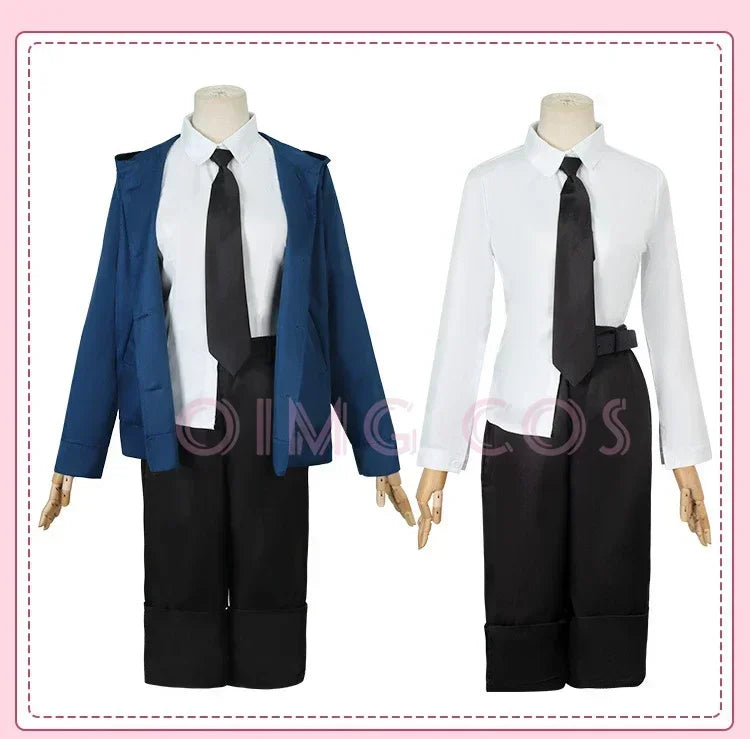 Power Cosplay Costume Chainsaw Man Outfits Blue Suit Shirt Tie Short Neck Ring Wig Women Anime Uniform Halloween