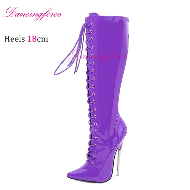 Pointy Toe Fetish Knee High Boots Women 18cm Extreme High Sexy Fetish Metal Heels Stiletto Sexy Nightclub Party Boots
