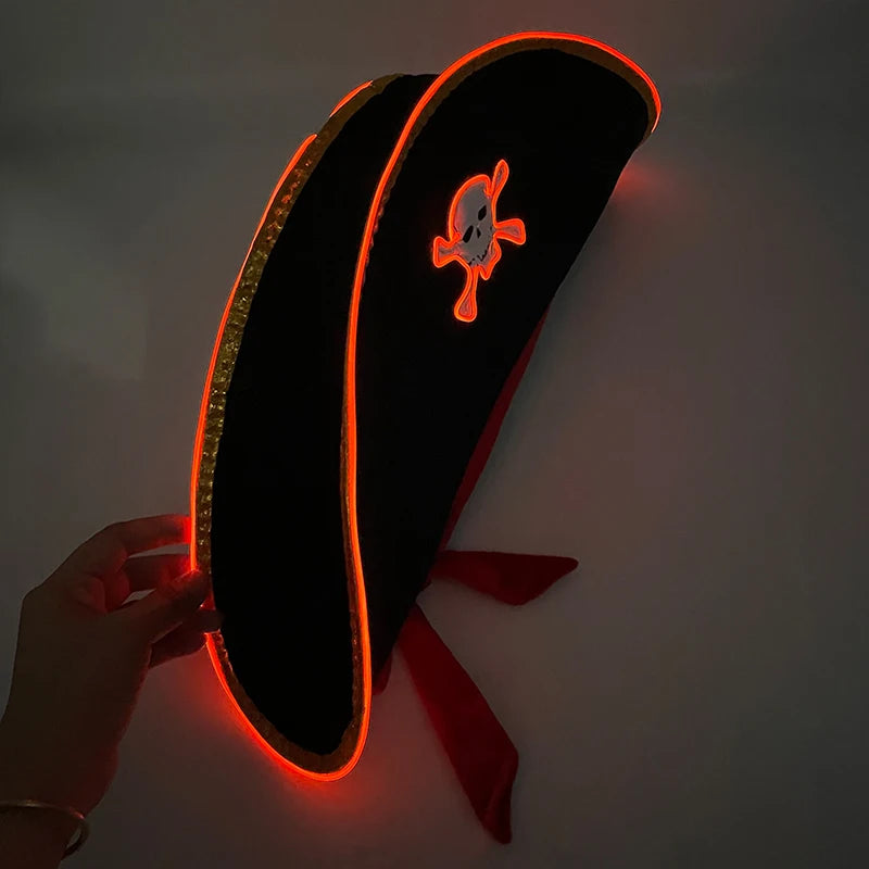 LED Pirate Hat Pirate Theme Holiday Cosplay Pirate Costume Decorations Glowing Captain Hat Colonial Tricorn Hat Woman Skull Hat