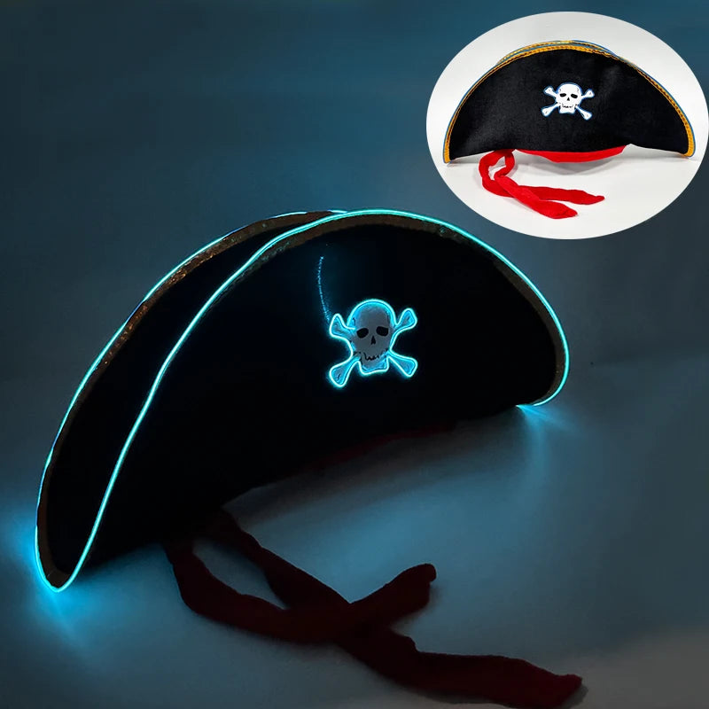 LED Pirate Hat Pirate Theme Holiday Cosplay Pirate Costume Decorations Glowing Captain Hat Colonial Tricorn Hat Woman Skull Hat