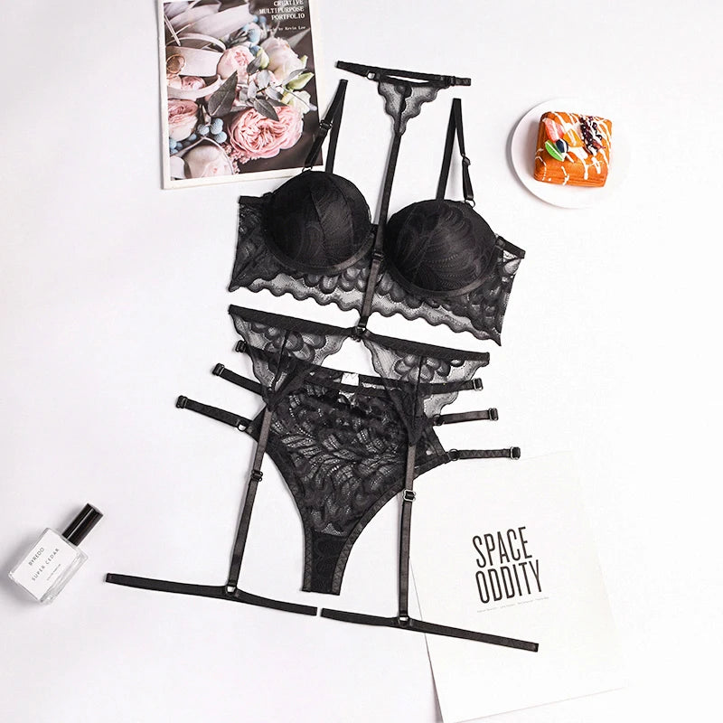 Erotic Lingerie Sets For Women Lace Garters Transparent Bra And Panty Set Female Porno Costumes Deep V Halter Sexy Underwear Set