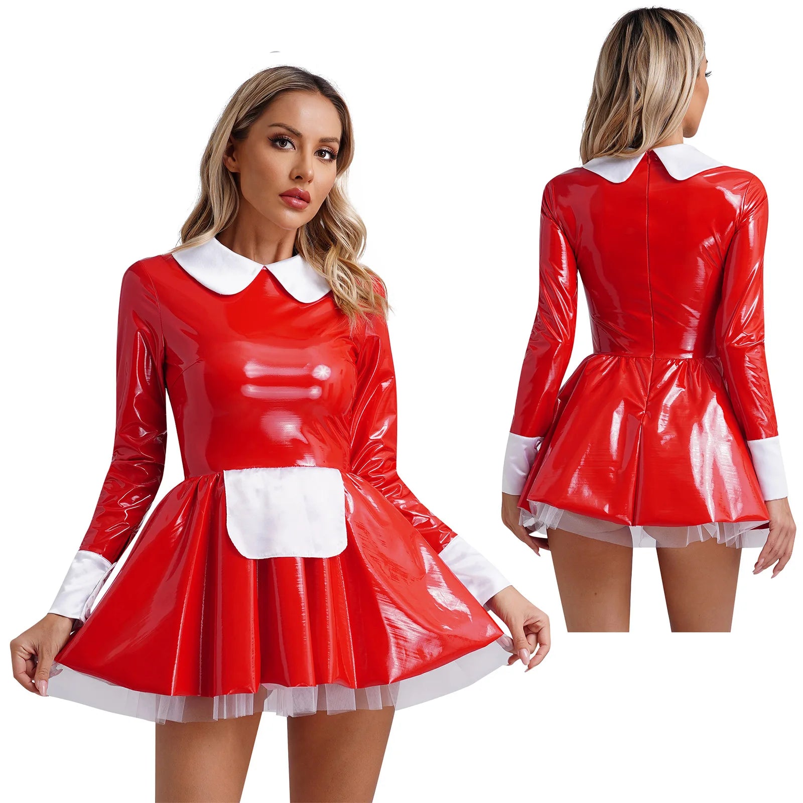 Women PVC Leather A-Line Servants Maid Dress Maid Cosplay Costume Role Play Maid Uniform Temptation Anime Cosplay Party Costume