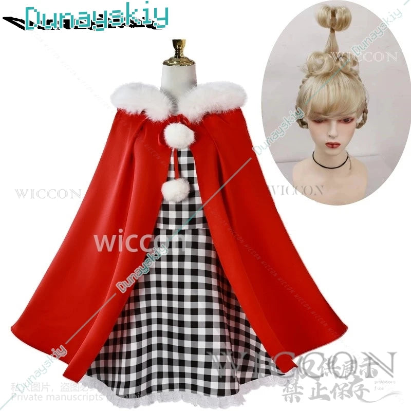 Anime Cindy Lou Cosplay Costume Cindy Plaid Dress Red Cloak Outfit Blond Wig Women Kids Halloween Suit Christmas Gift Customized