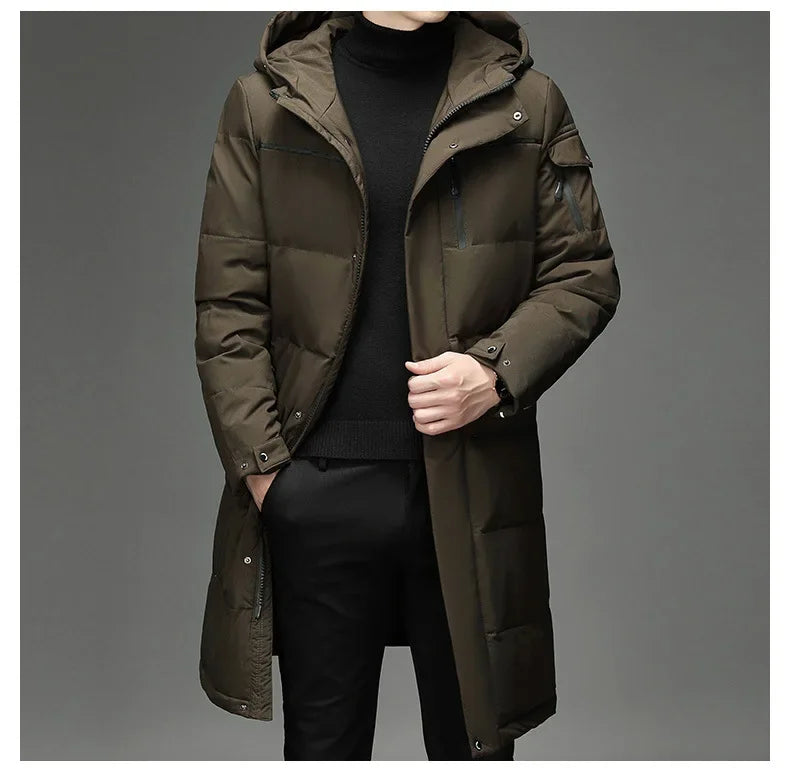 New Fashion Men 90% White Duck Down Hooded Jackets Men's Winter Thick Warm Waterproof Parka Overcoat Down Jackets Long Parka 5XL