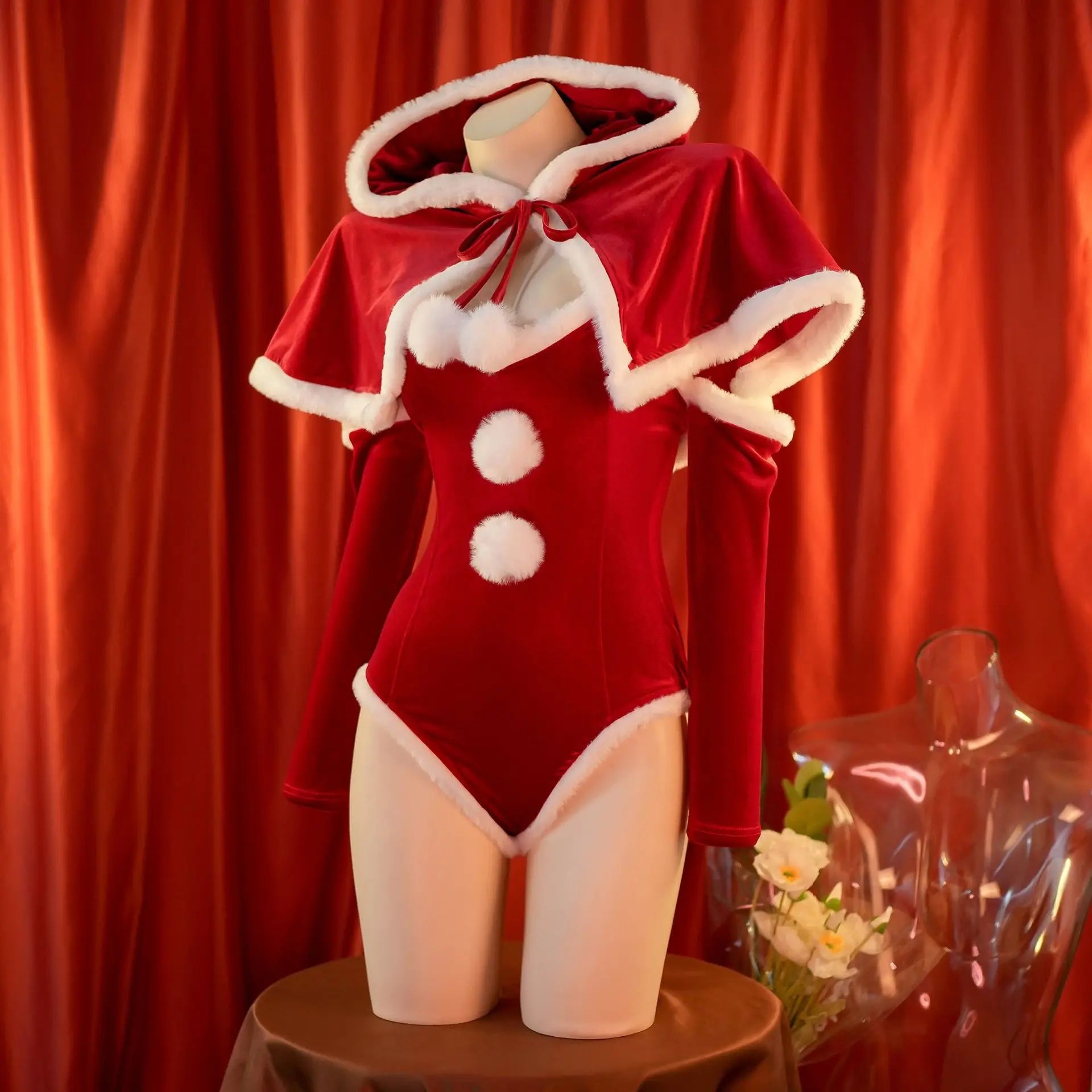 Anime Christmas Uniform Bodysuit with Cloak Red Stockings Outfits Cosplay Costumes New Year Plush Nightgown Underwear Outfits