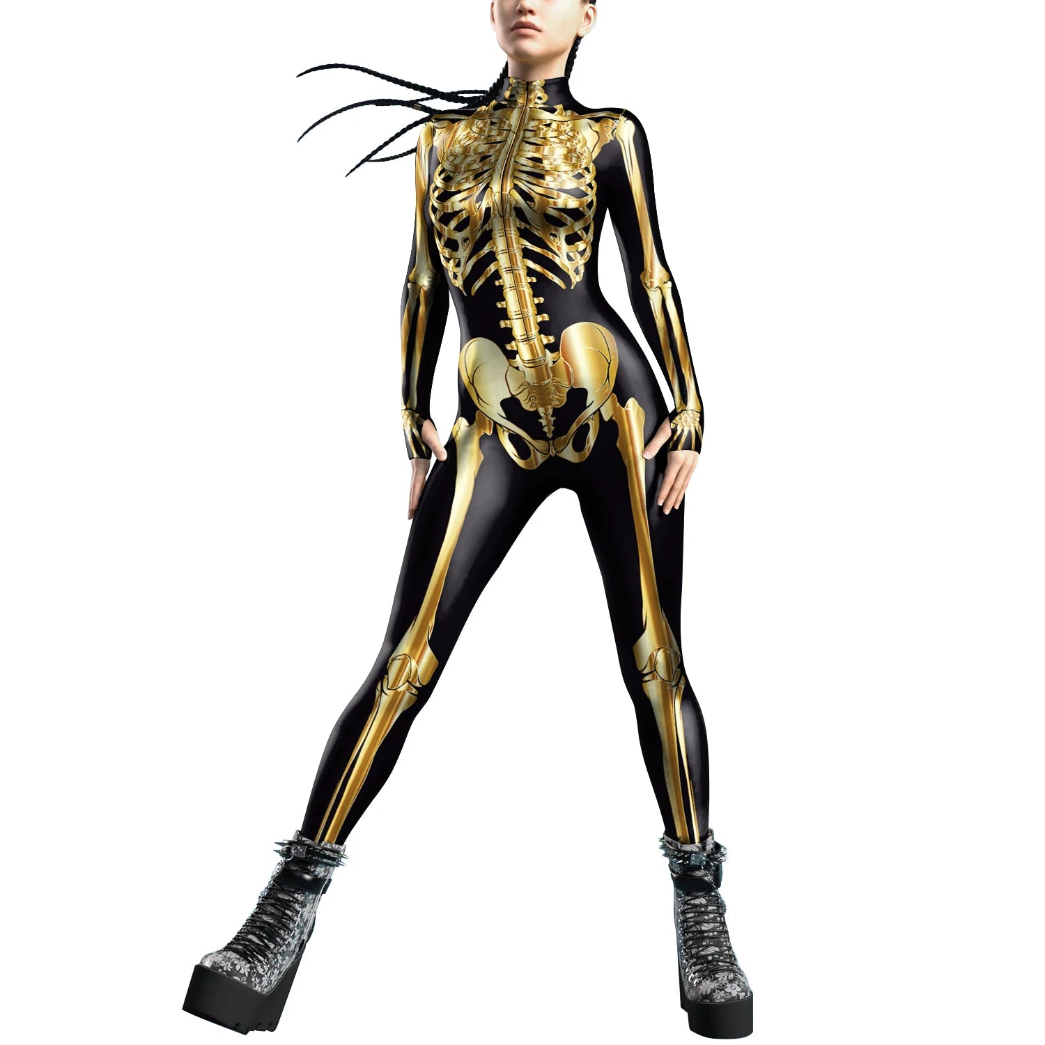 [You're My Secret]Halloween Cosplay Costumes For Women Skeleton Printed Long Sleeve Bodysuits Slim Elastic Fancy Outfits Catsuit
