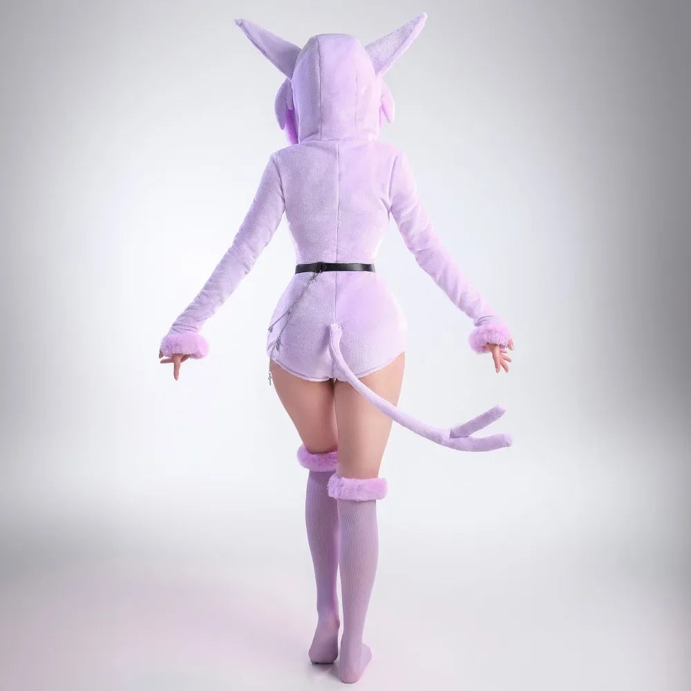 MOBBUNNY Espeon Cosplay Costume Women Hooded Bodysuit Tail Socks Suit Cute Cartoon Flannel Pajamas Bunny Girl Plush Jumpsuit
