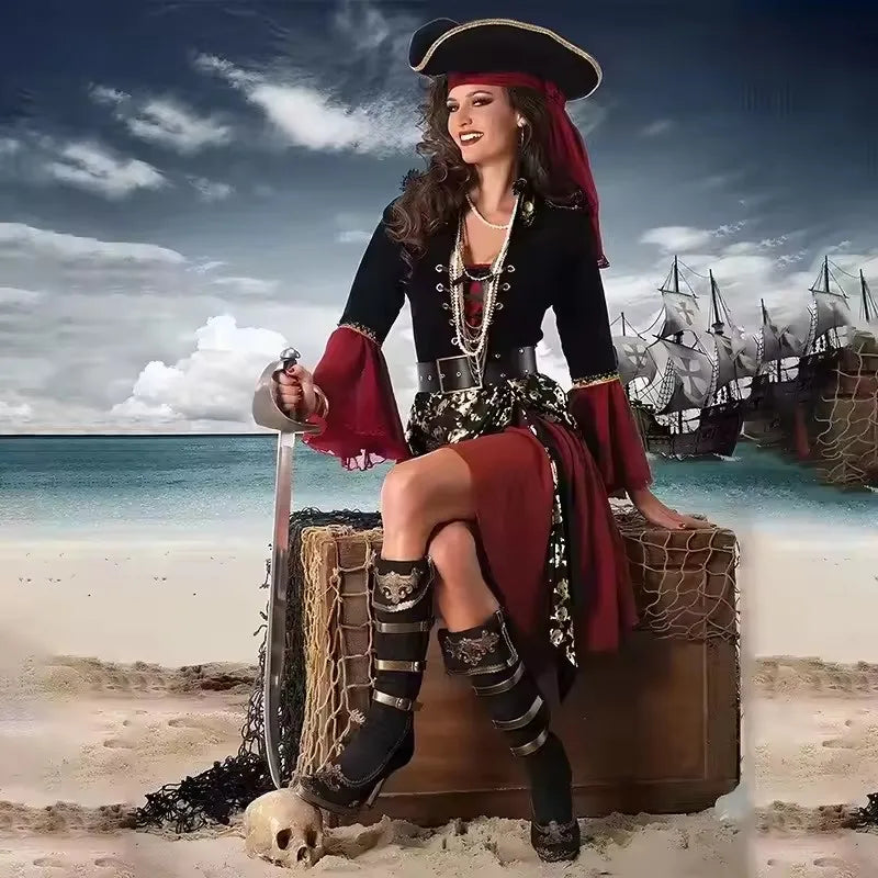 Purim Female Caribbean Pirates Captain Costume Halloween Cosplay Suit Woman Gothic Medoeval Fancy Dress Performance outfit