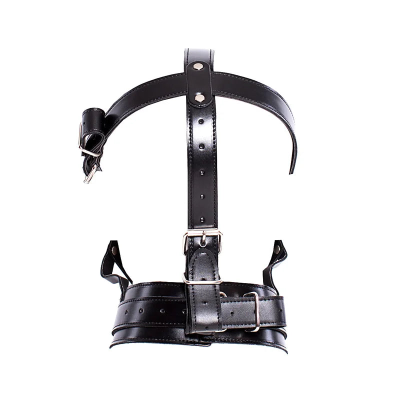 Leather fetish headwear, mask, hood holder, dildo, mouth plug, BDSM, bondage, porn, adult cosplay, male, female and gay sex toys
