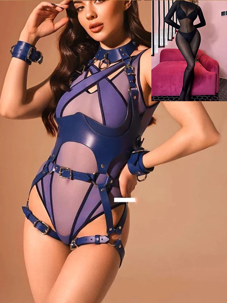Sexy Bondage Lingerie Outfit Leather with Bodystockings BDSM Adjustable Garter Full Body Harness Gothic Sex Product Erotic Set