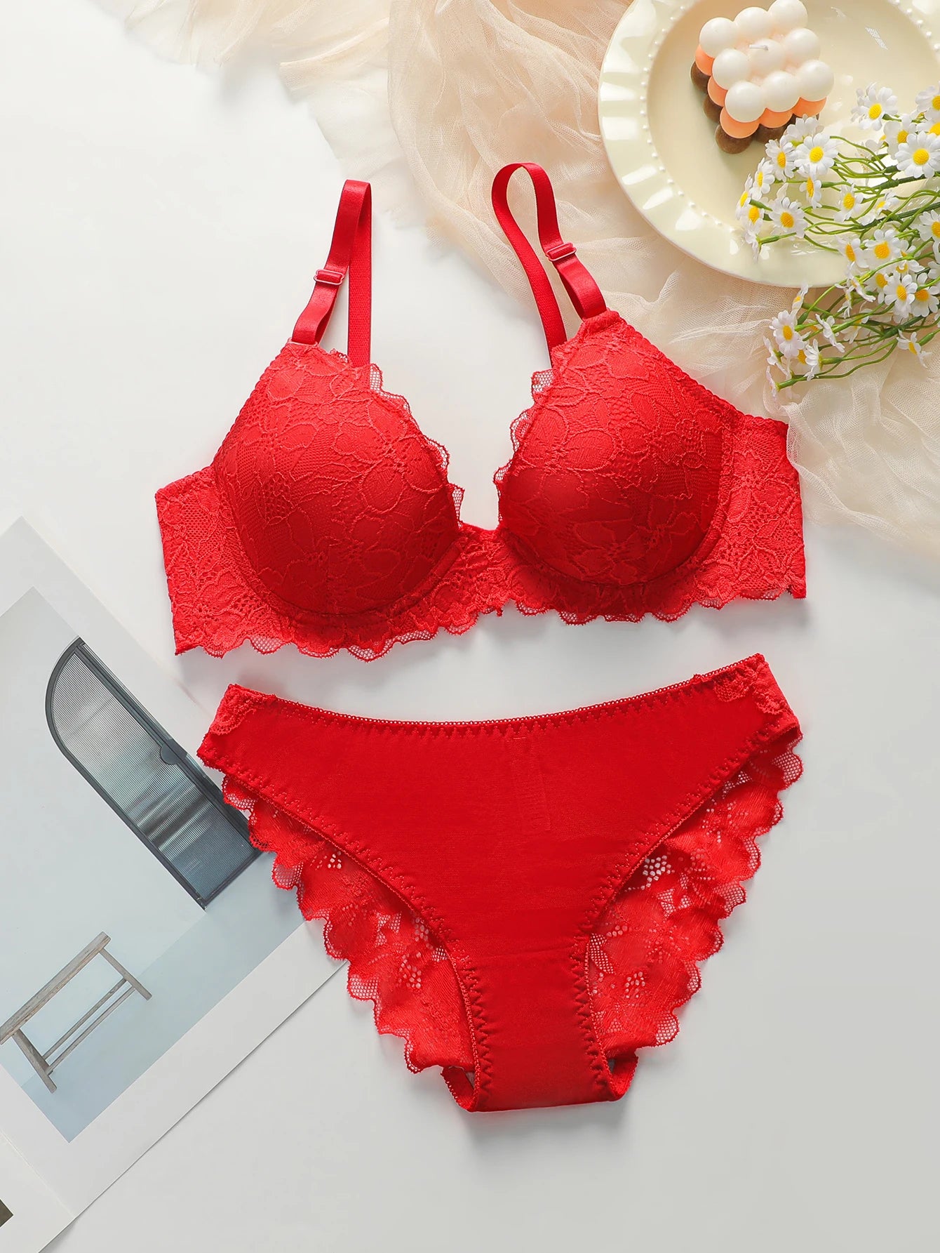 Red Lingerie lace cotton cup 2-piece set sexy and white toned lingerie set women's underwear set J3431