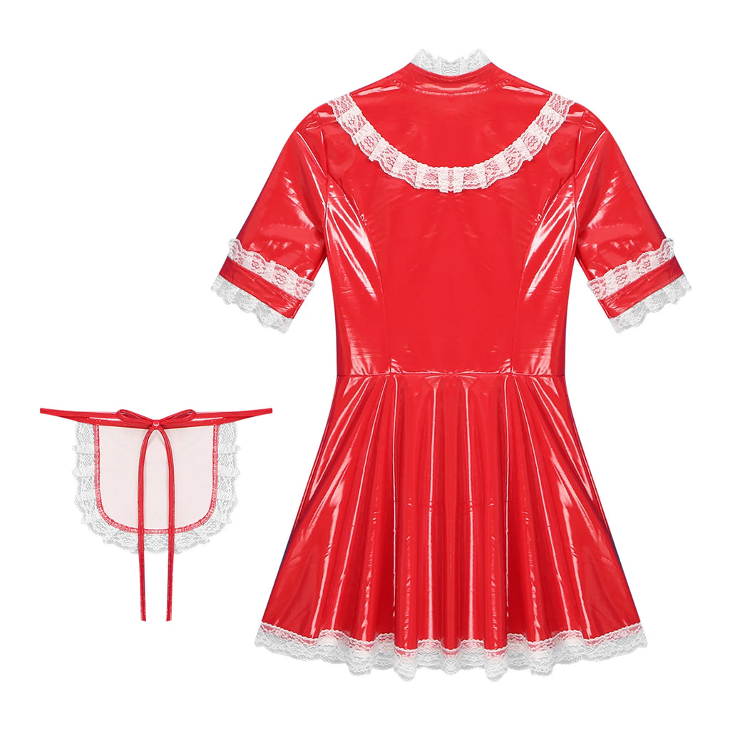 Women PVC Leather A-Line Servants Maid Dress Maid Cosplay Costume Role Play Maid Uniform Temptation Anime Cosplay Party Costume