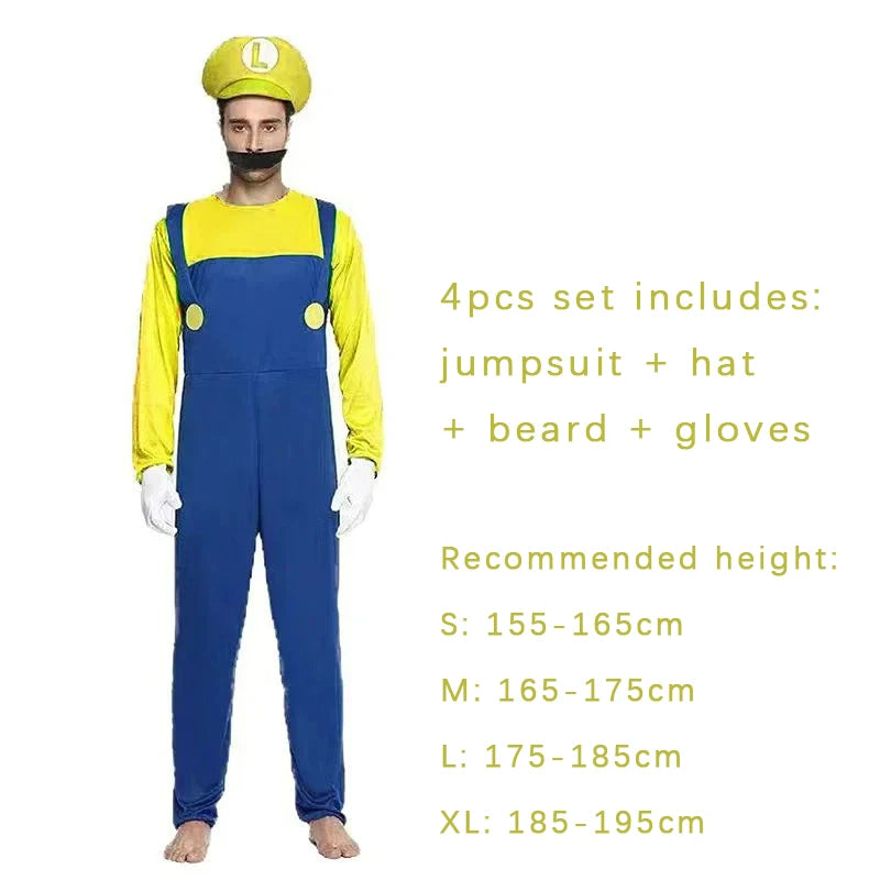 Luigi Super Brother Maris Game Cosplay Costume Funny Super Bros Adult Jumpsuit Anime Men's Halloween Dress