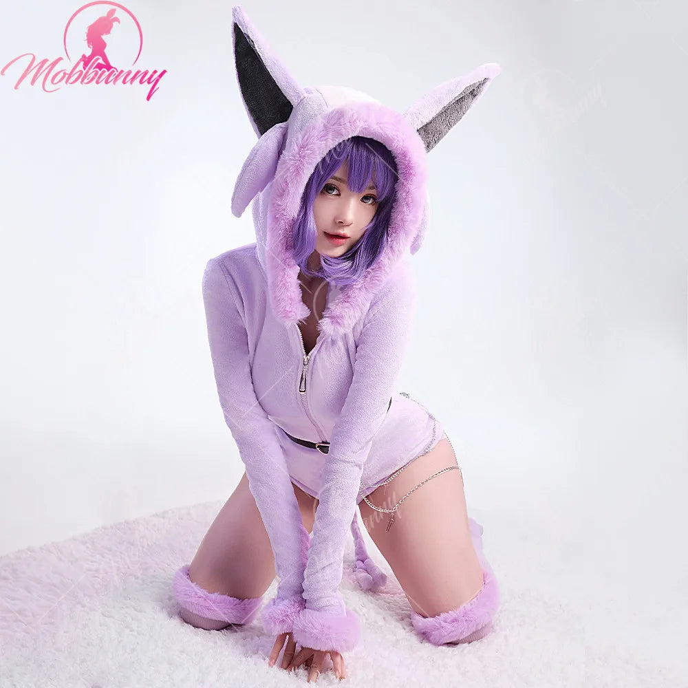 MOBBUNNY Espeon Cosplay Costume Women Hooded Bodysuit Tail Socks Suit Cute Cartoon Flannel Pajamas Bunny Girl Plush Jumpsuit