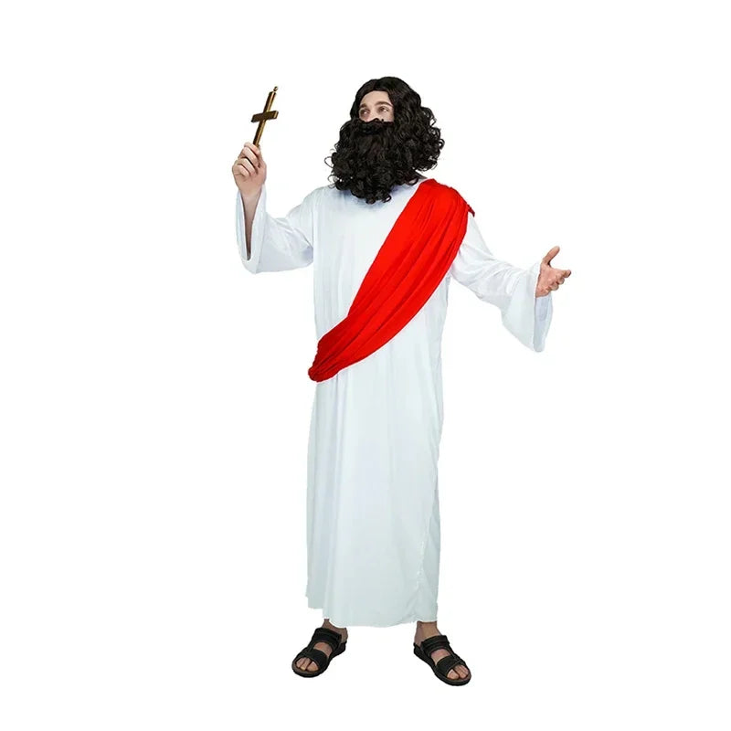 Men Jesus Cosplay Costume White Long Jesus Robe Fancy Dress Adult Men Jesus Role Play Party Costumes