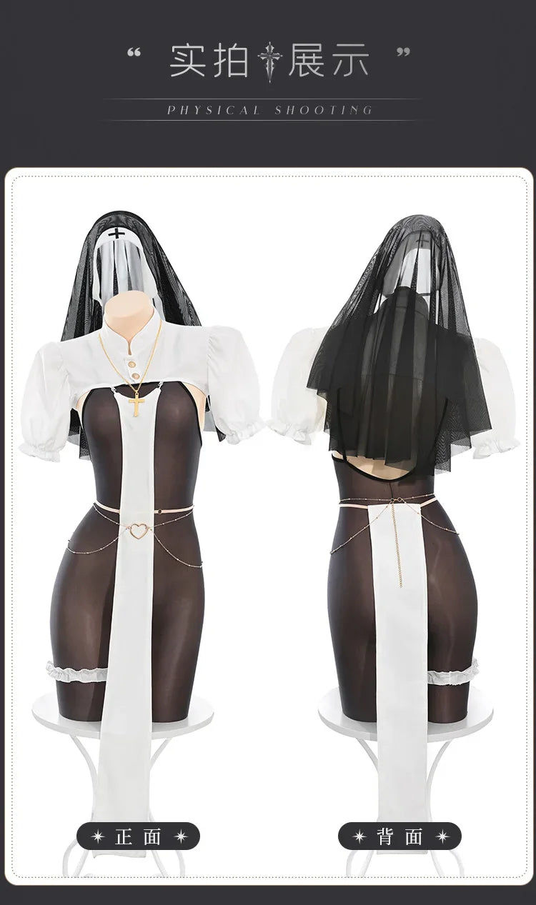 Halloween Religious Church Nun Cosplay Costume Sister Women's Suspender Black Silk See-through Bodysuit Jumpsuit For Nightclub