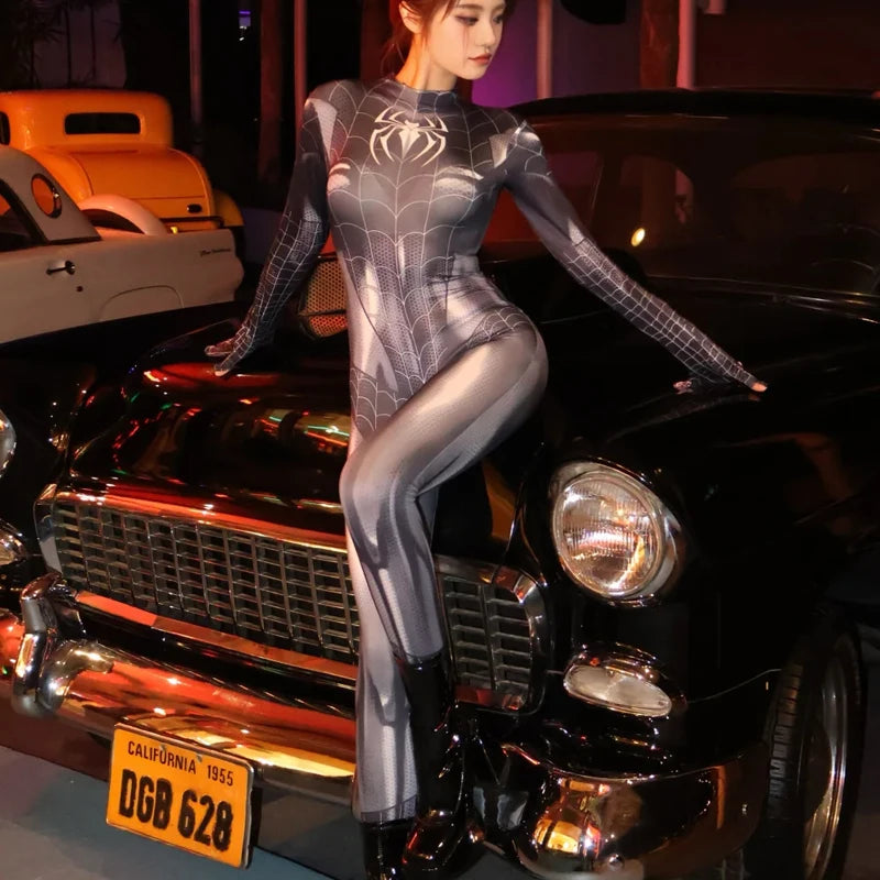 Good Quality Superhero Female Spider Man Cosplay Tight Jumpsuit Black Spider Sexy Cosplay Costume Halloween Party Costume Mask