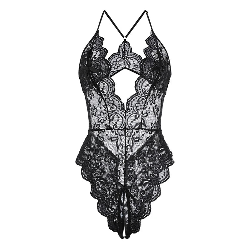 Sexy Crotchless Blue Lingerie Women Lace Hollow Bodysuit Erotic Pajamas Teddy Babydoll Dress Deep V Open Bra Porn Underwear Set