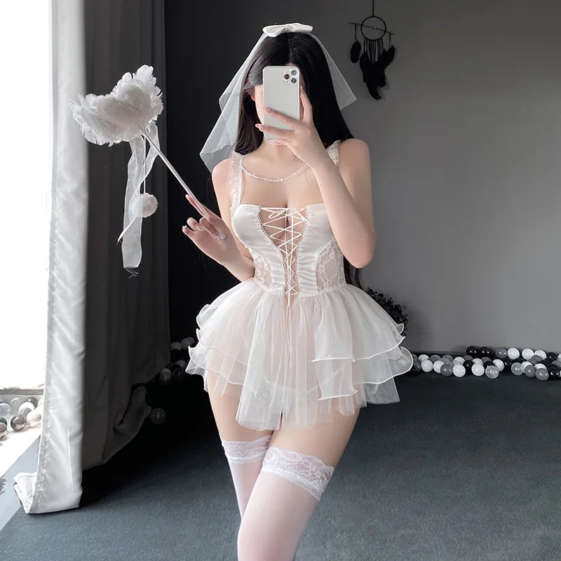 jimiko Costume Women Cosplay Bridal Wedding Lingerie Set Wedding Night Sexy Lingerie Erotic Playwear Tulle Lingerie Playwear Set