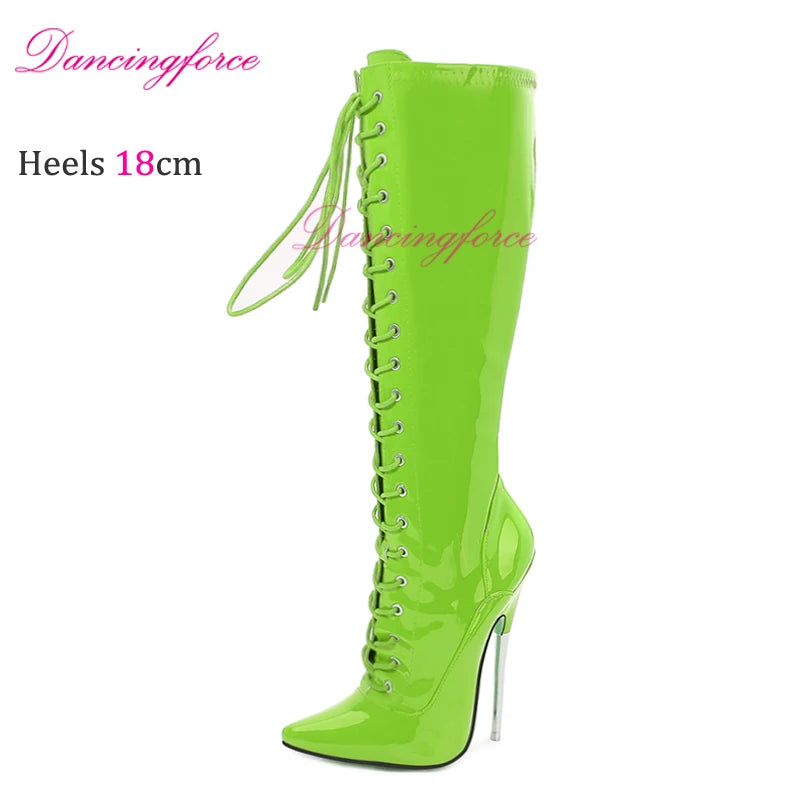 Pointy Toe Fetish Knee High Boots Women 18cm Extreme High Sexy Fetish Metal Heels Stiletto Sexy Nightclub Party Boots