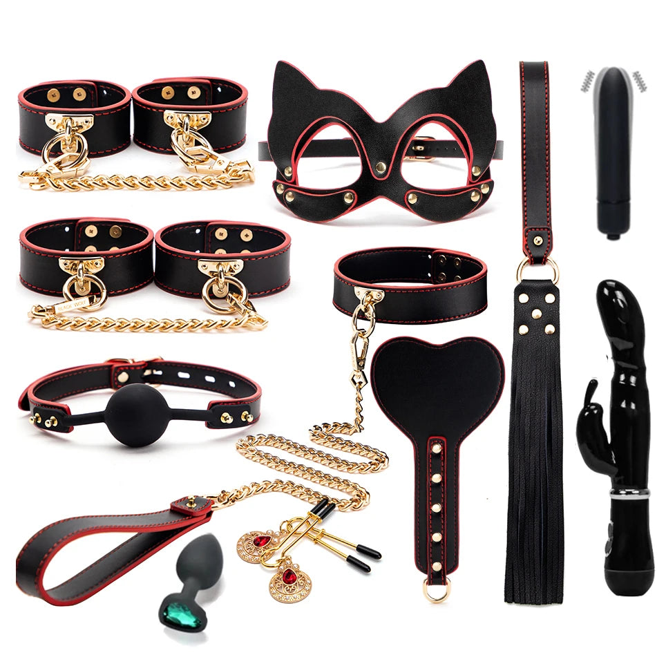 Erotic Bed Bondage Kits Slave Restraint Bondage Set Genuine leather Collar Mouth Gag Whips Handcuffs Adult Sex Toys For Couples