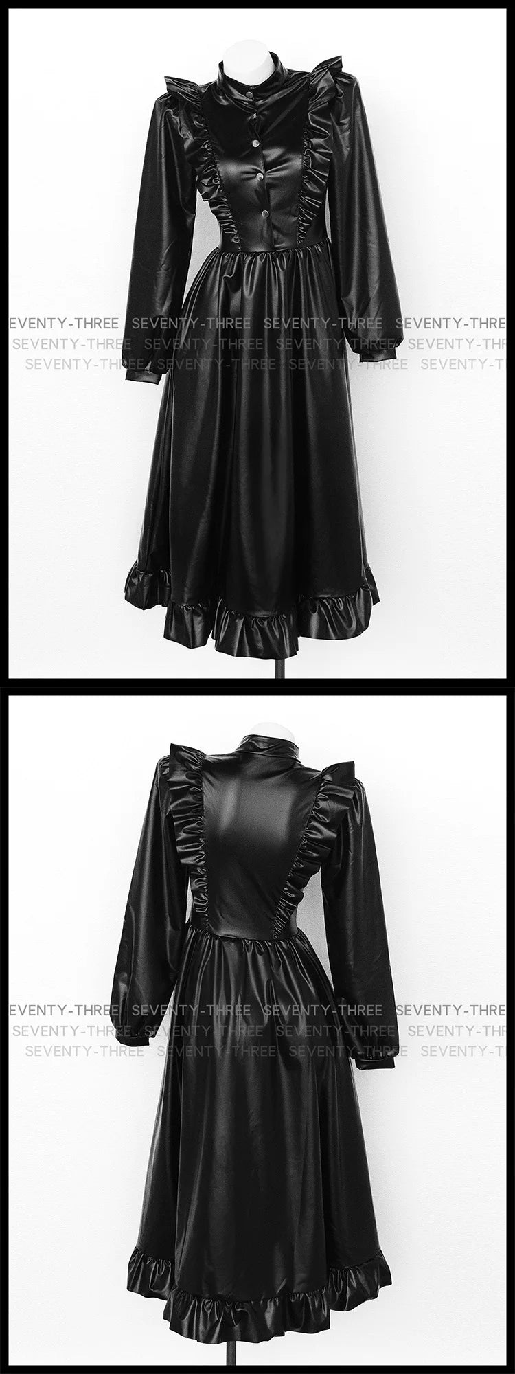 Anime Black Uniform Costume Maid Costume Adult Girl Role Playing Dark Pu Long Skirt Leather Stand Collar Dress Maid Suit