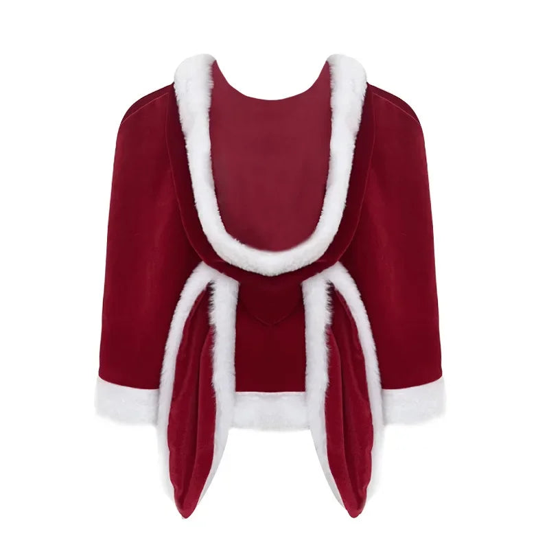 [You're My Secret] Christmas Dress Suit Women Xmas Cosplay Costume Red Suit Party Rabbit Ears Hooded Shawl Christmas Girl Set