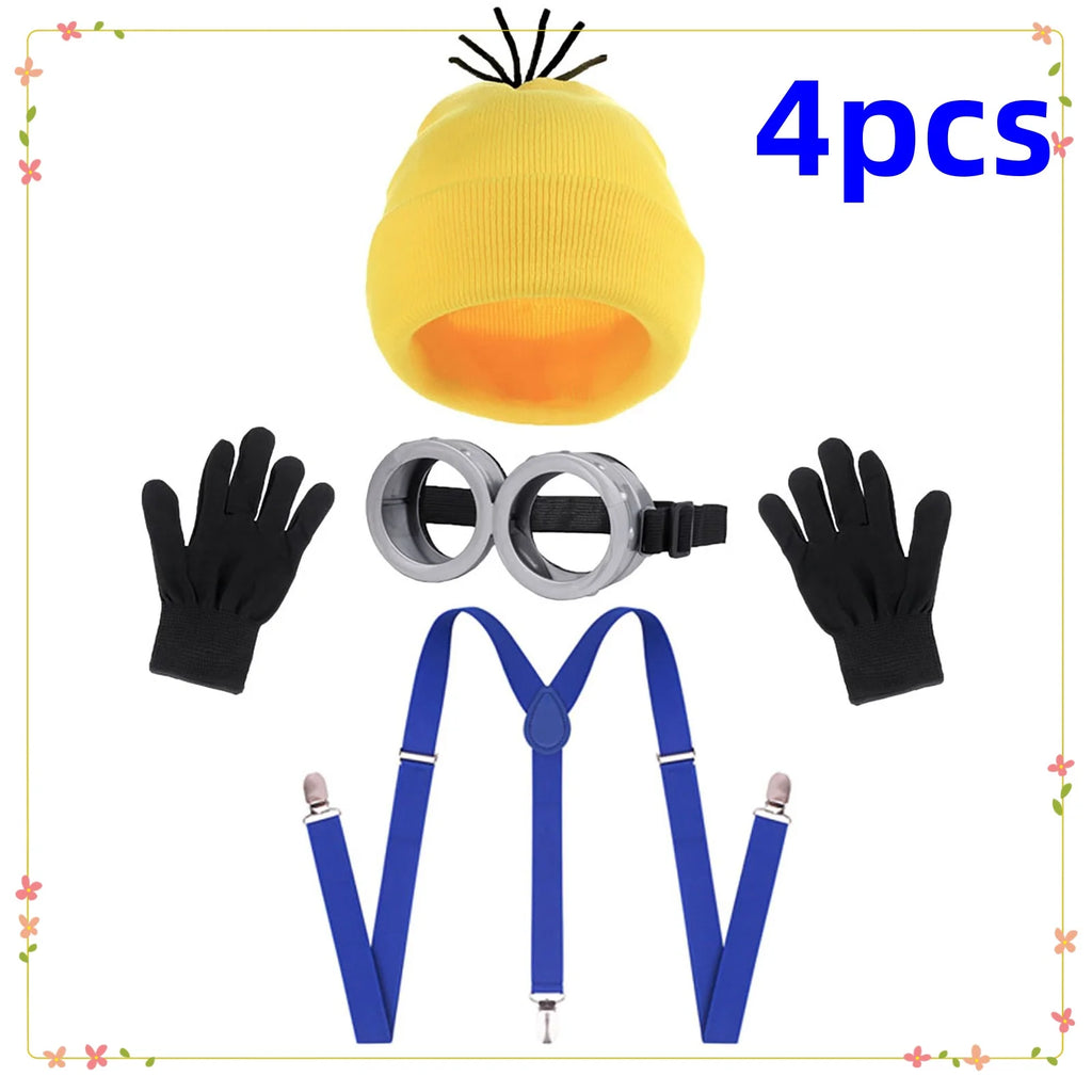4PCS New Party Minion Costumes Little Yellow Man Cosplay Movie Cartoon Funny Dress Up Magical Thief Dad Fancy Suspenders Outfit