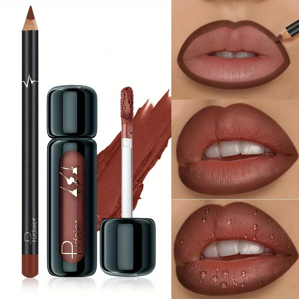 Lip Liner & Lip Mud Set, Matte Waterproof Long Lasting Non-Stick Velvet Lip Makeup, Smooth Lip Kit Gift for Women