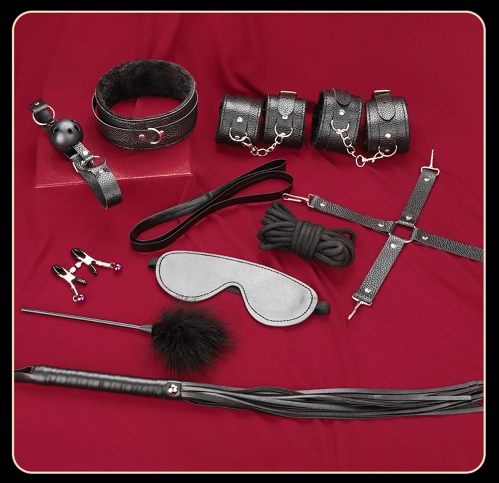 BDSM Bondage Restraint Kit 10 Pieces Drawstrings Collars Eye Masks Mouth Balls Whips Cotton Ropes Nipple Clamps Rope for Couples