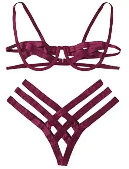 Amnesia Bondage, Sexy Lingerie, Women's Bra and Panty Set, Erotic, Hollow-out, Black, No Cups, Julia - style Bra, Thong